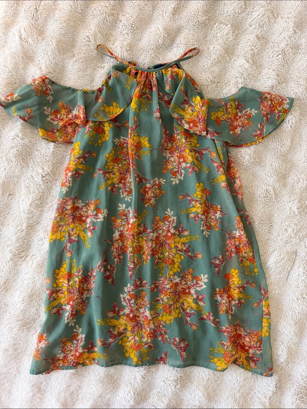 Blue Rain Teal Green Floral Cold-Shoulder Dress